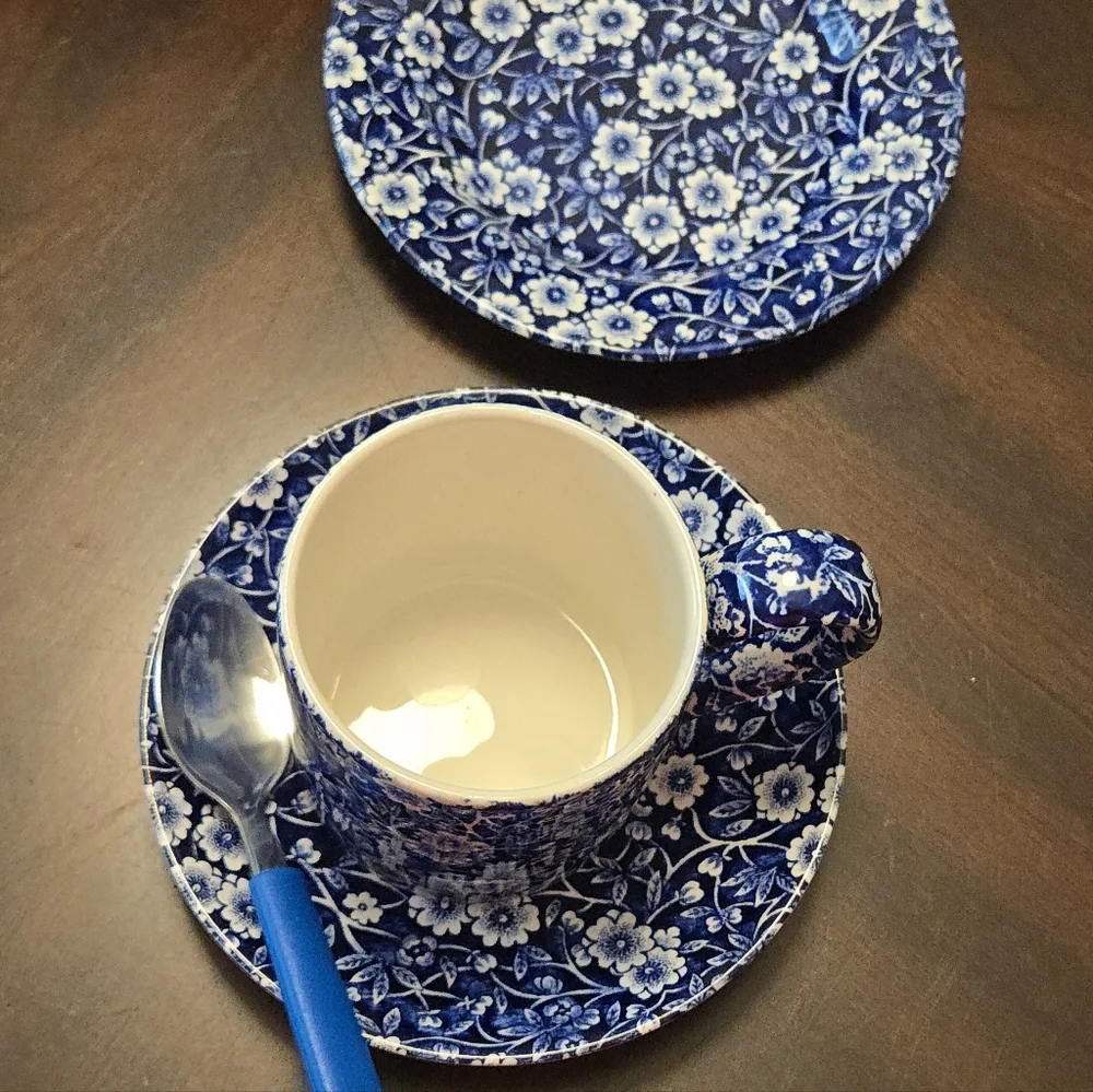 Vtg.Blue Calico Coffee Mug, Saucer, Dessert Plate, Blue Handled Spoon